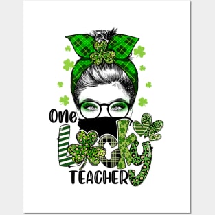 Shamrock One Lucky Teacher Messy Bun Funny St Patrick Day Posters and Art